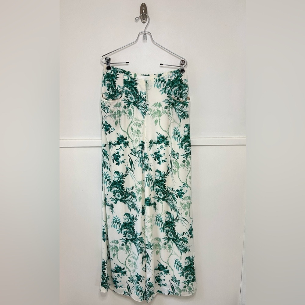 Anthropologie ett:twa Christina Green and White Foral Print Wide Leg Pants NWT